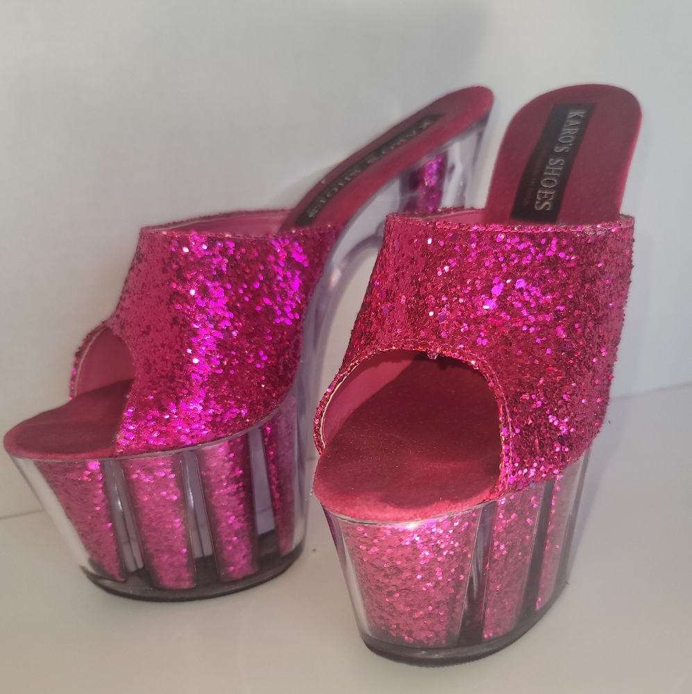 Karo's Pink Glitter Platform Heels Pole and Exotic Dance Shoes Women's Sz 6